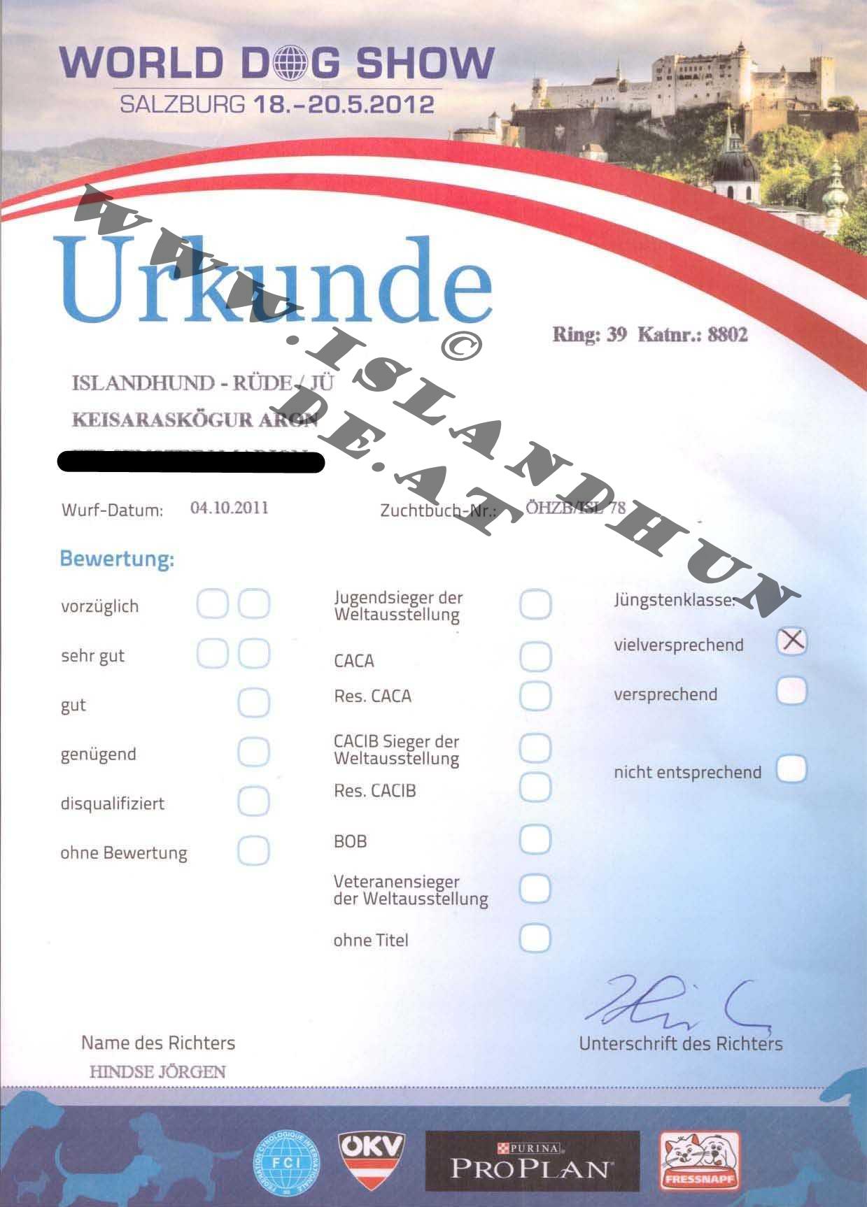 Urkunde World Dog Show 2012, Salzburg